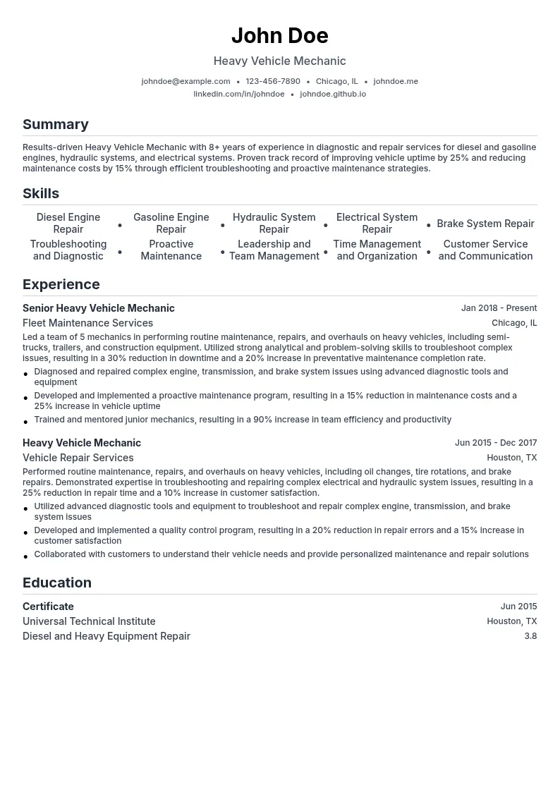 Heavy Vehicle Mechanic resume example
