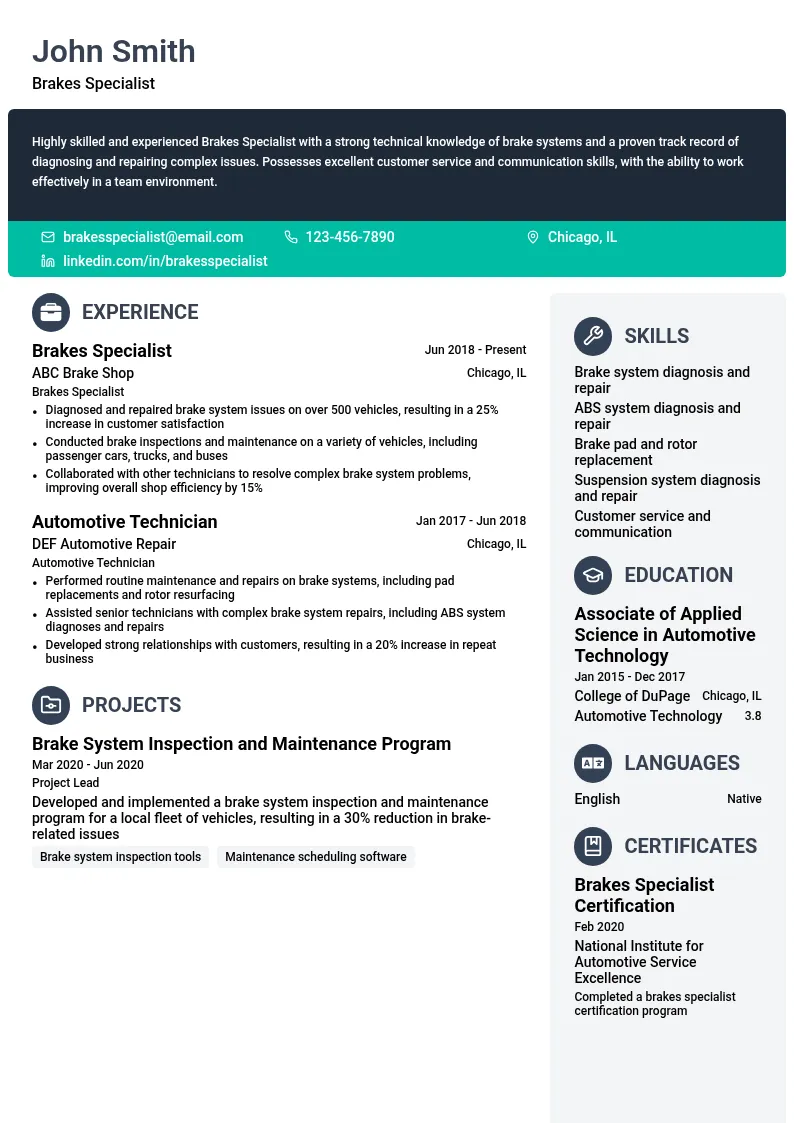 Brakes Specialist resume example