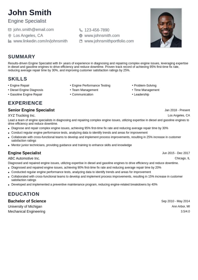 Engine Specialist resume example