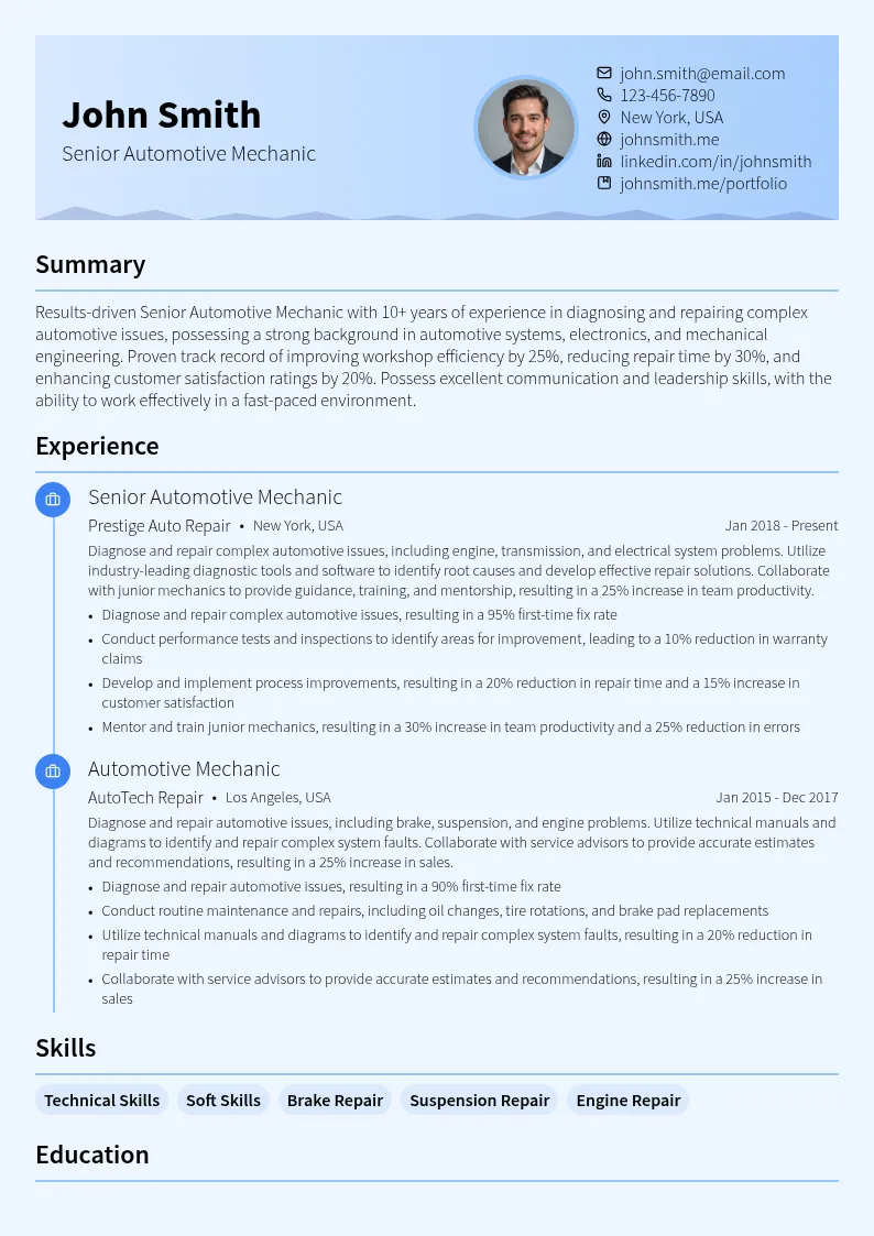 Senior Automotive Mechanic resume example