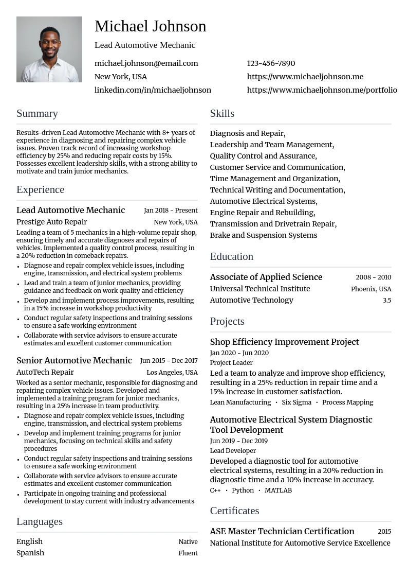 Lead Automotive Mechanic resume example