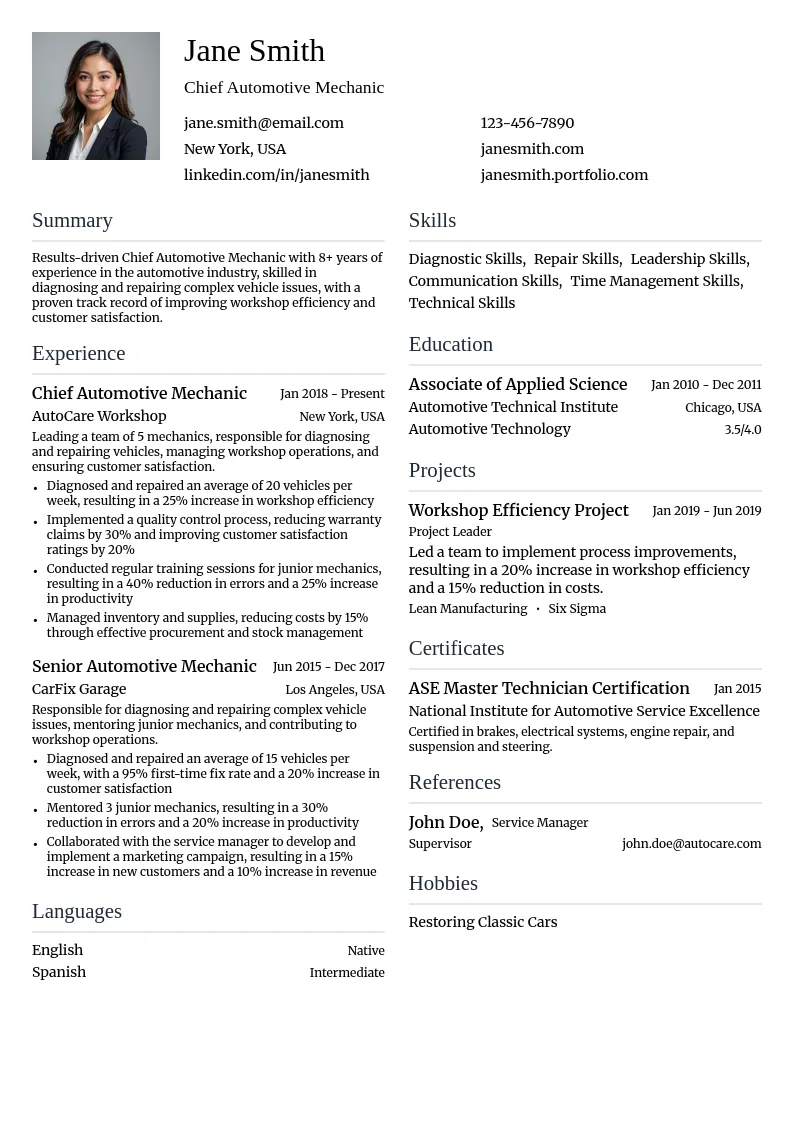 Chief Automotive Mechanic resume example