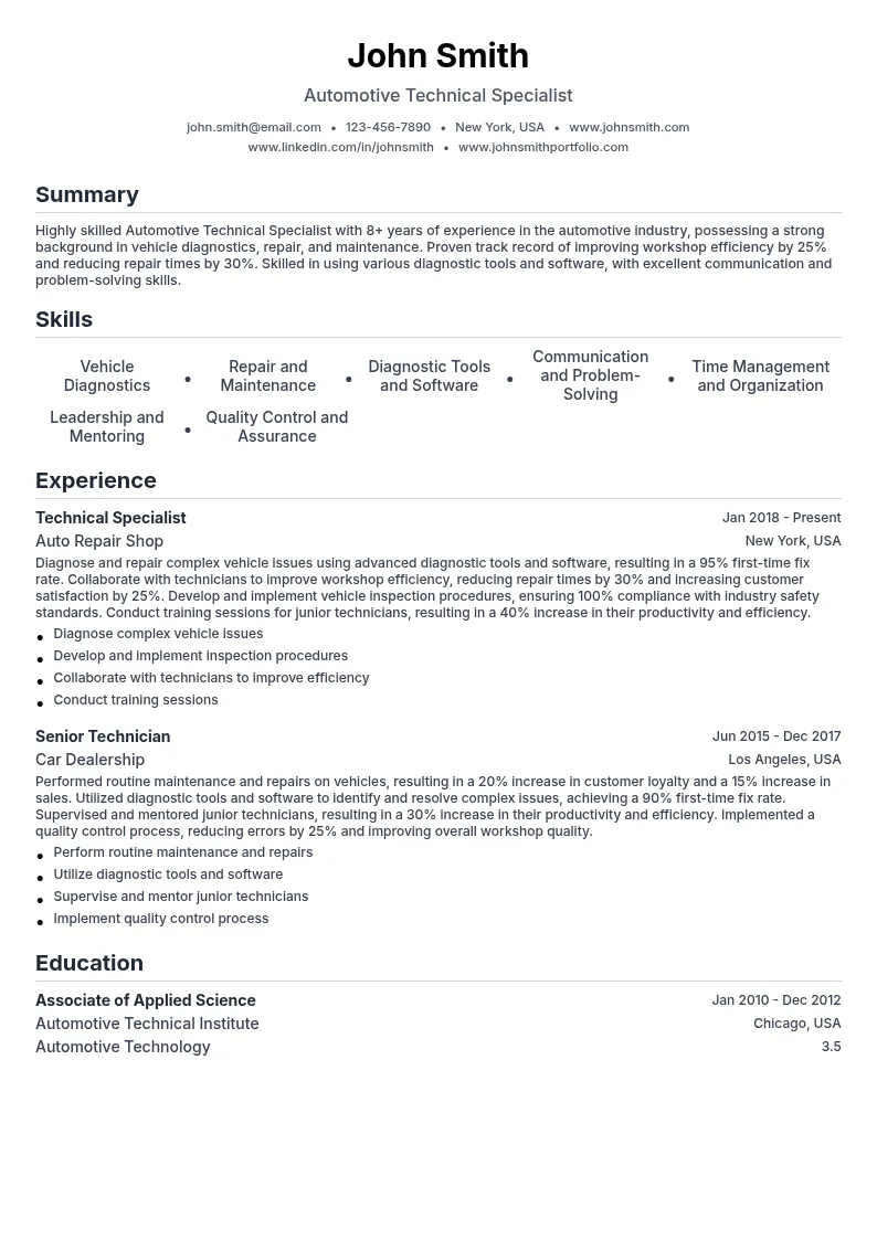 Automotive Technical Specialist resume example