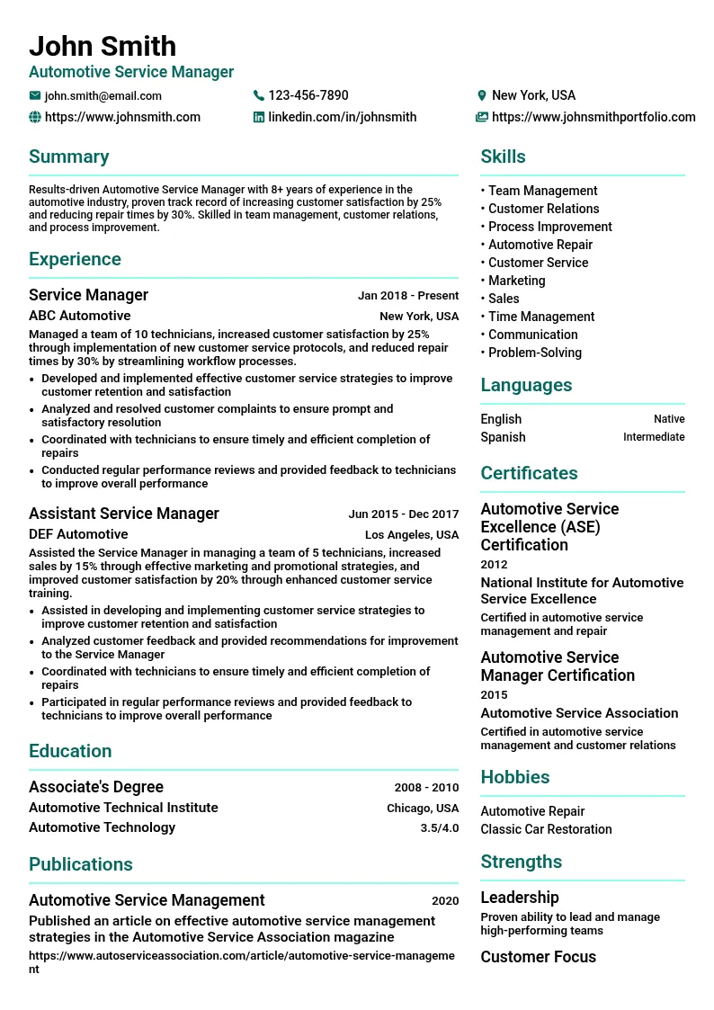 Automotive Service Manager resume example