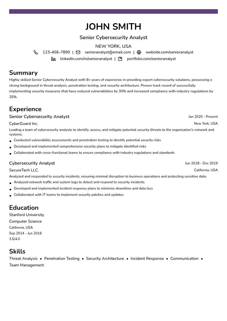 Senior Cybersecurity Analyst resume example
