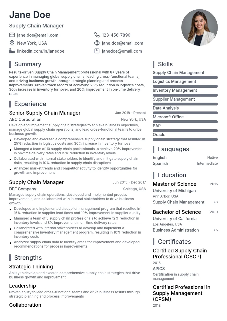 Supply Chain Management resume example