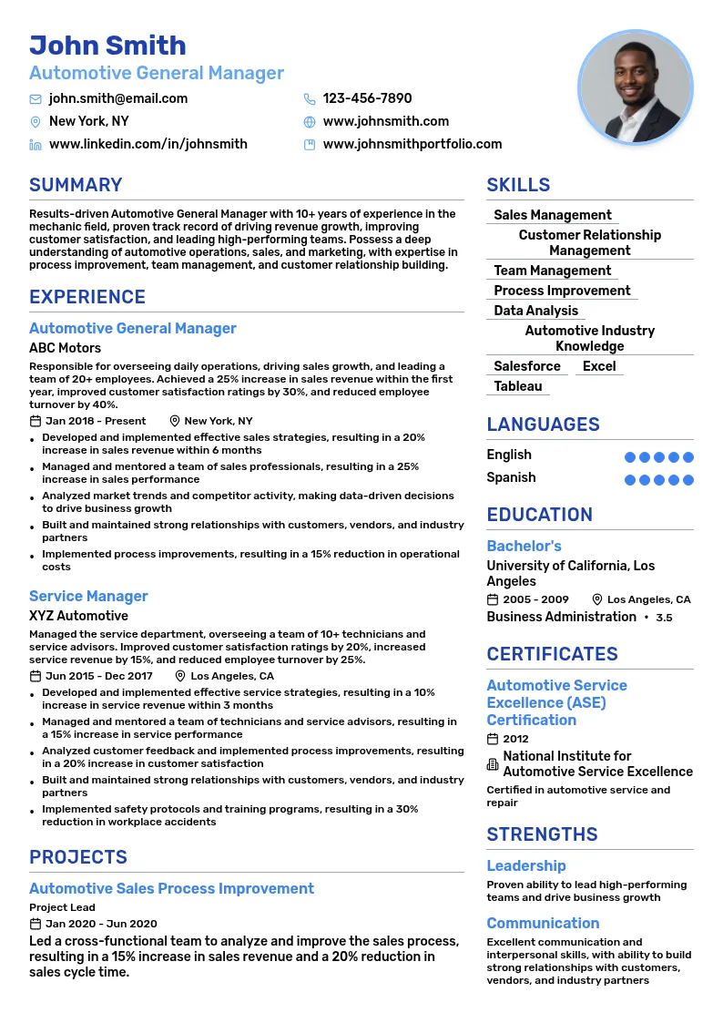 Automotive General Manager resume example