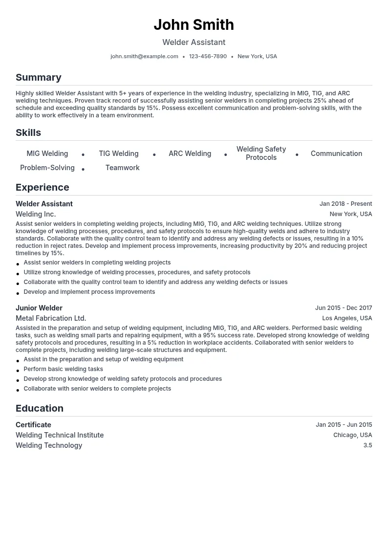 Welder Assistant resume example