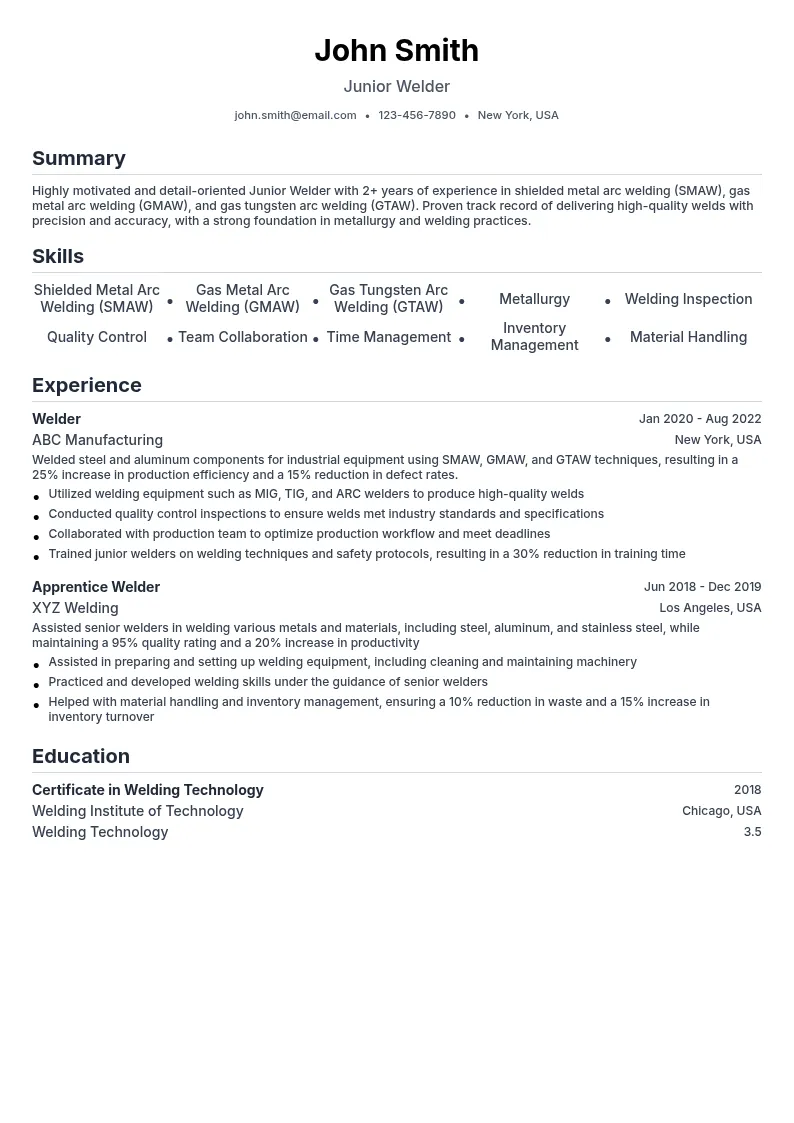 Junior Welder resume example