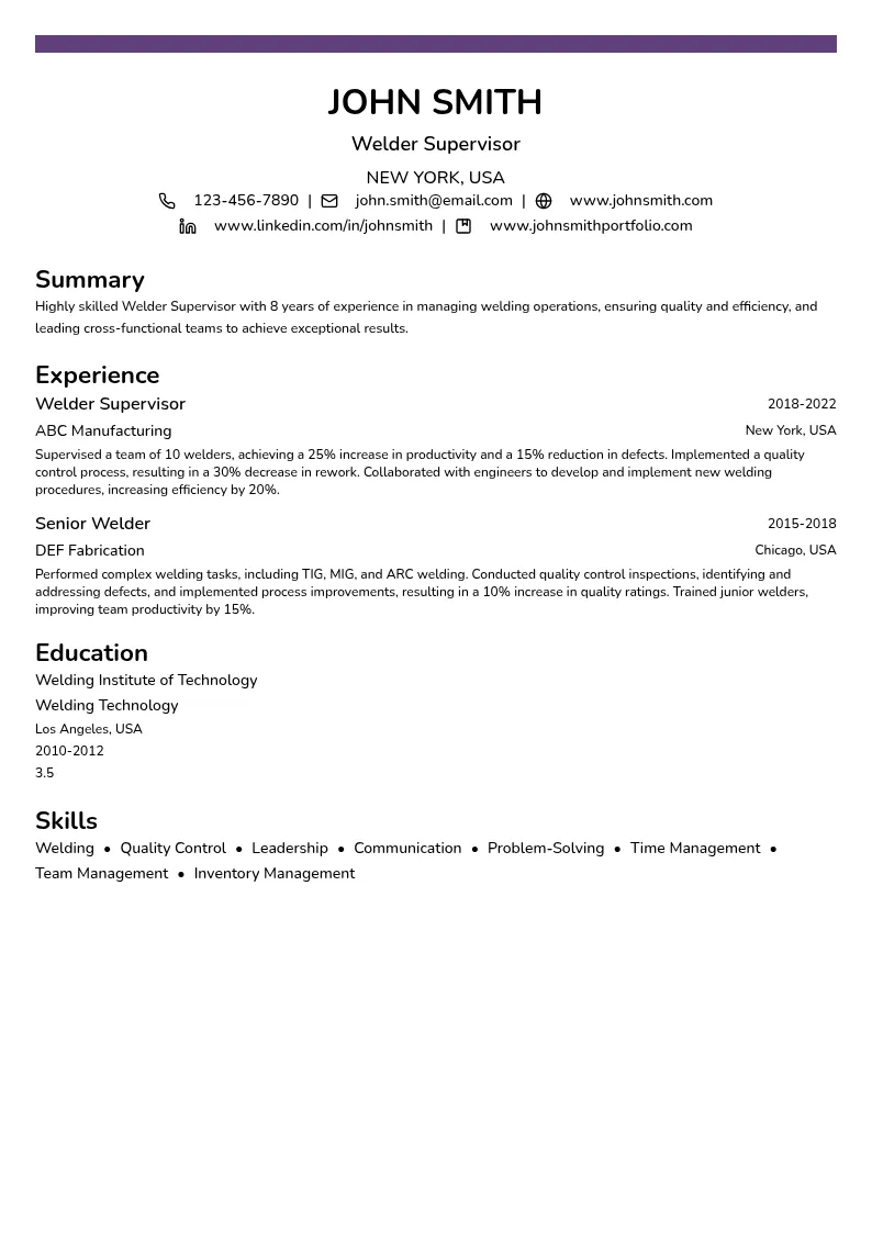 Welder Supervisor resume example