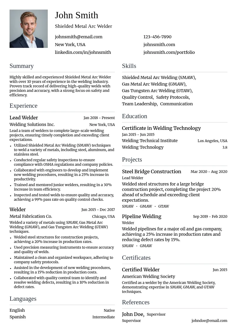 Shielded Metal Arc Welder resume example