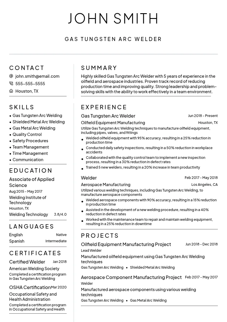 Gas Tungsten Arc Welder resume example