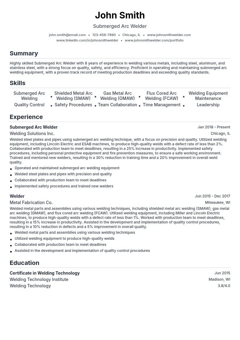 Submerged Arc Welder resume example