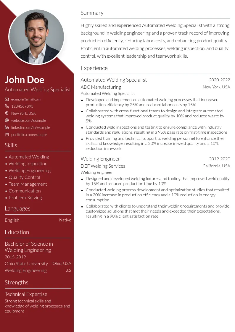 Automated Welding Specialist resume example