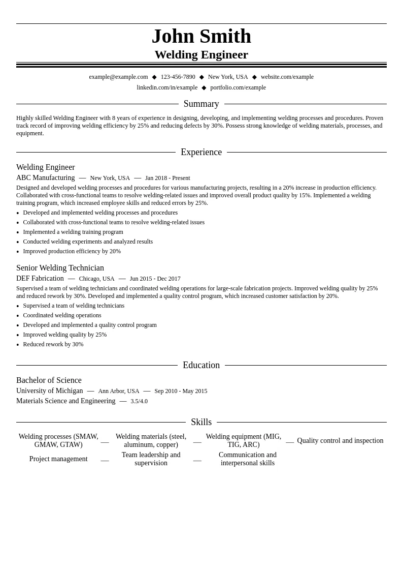 Welding Engineer resume example