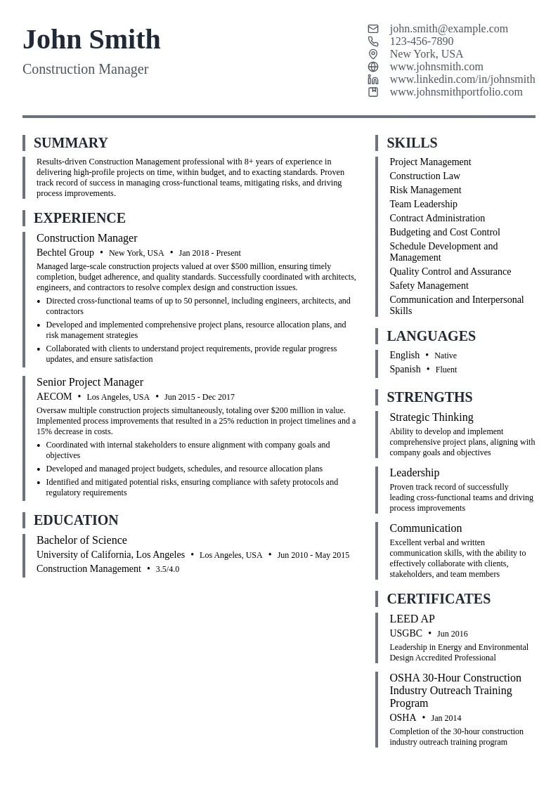 Construction Management resume example