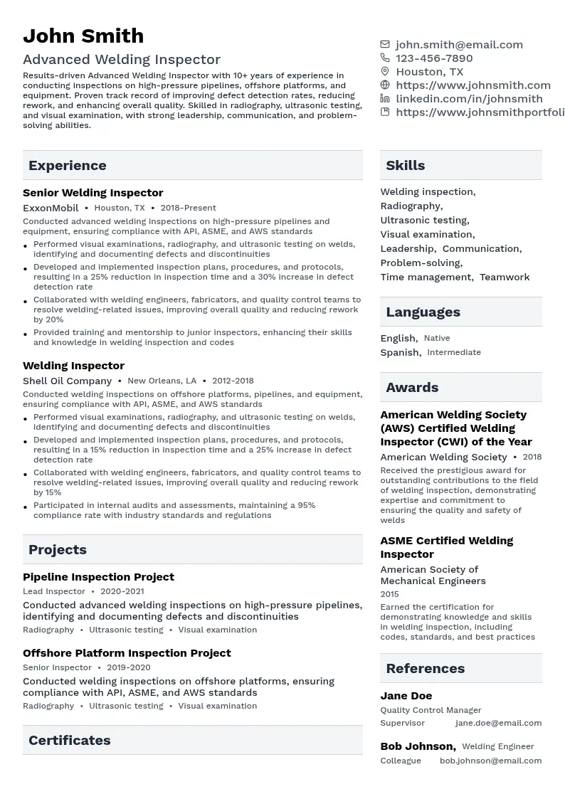 Advanced Welding Inspector resume example