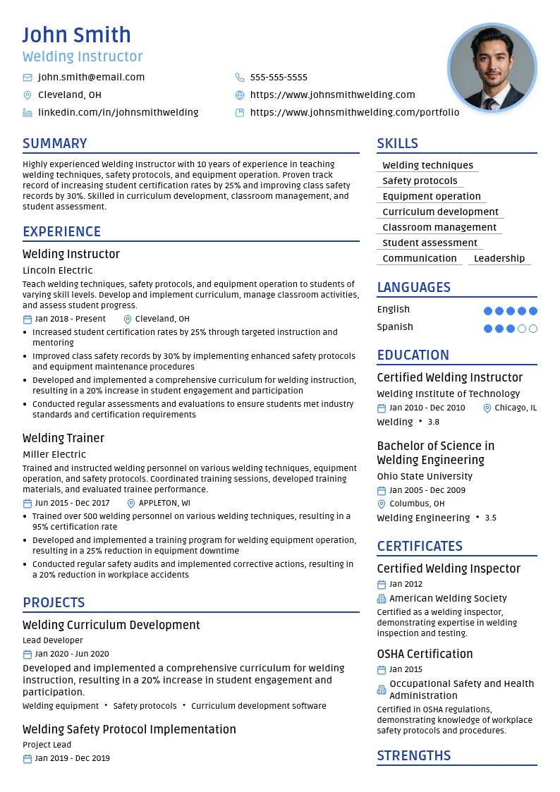 Welding Instructor resume example