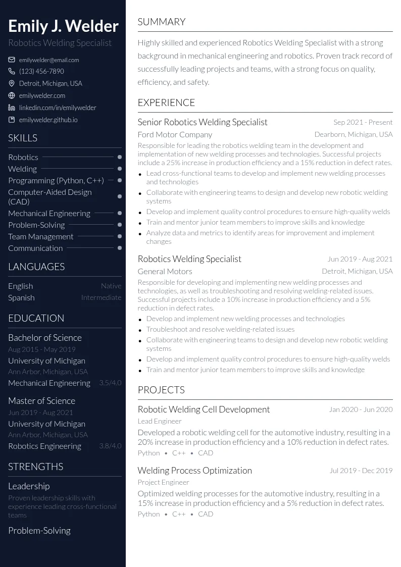 Robotics Welding Specialist resume example