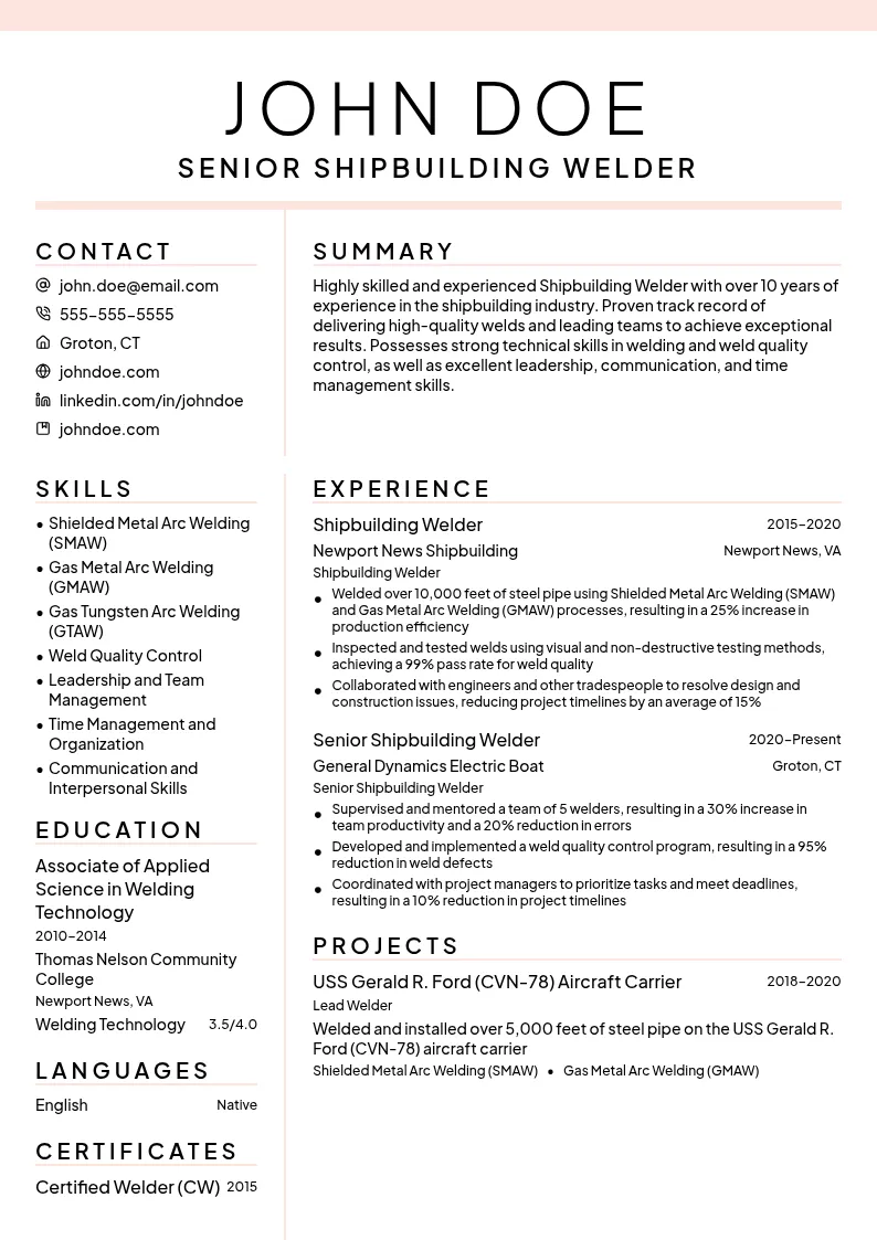 Shipbuilding Welder resume example