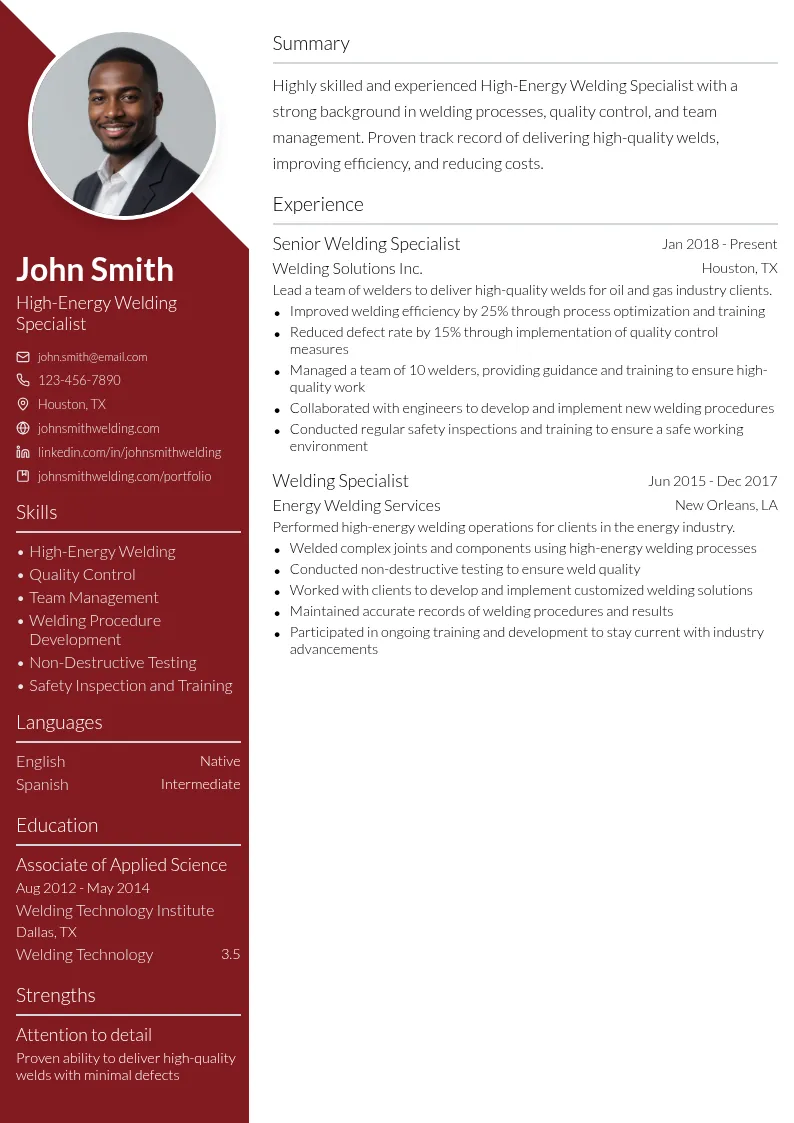 High-Energy Welding Specialist resume example