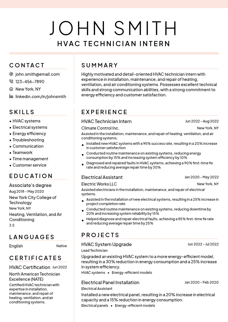 HVAC Technician Intern resume example