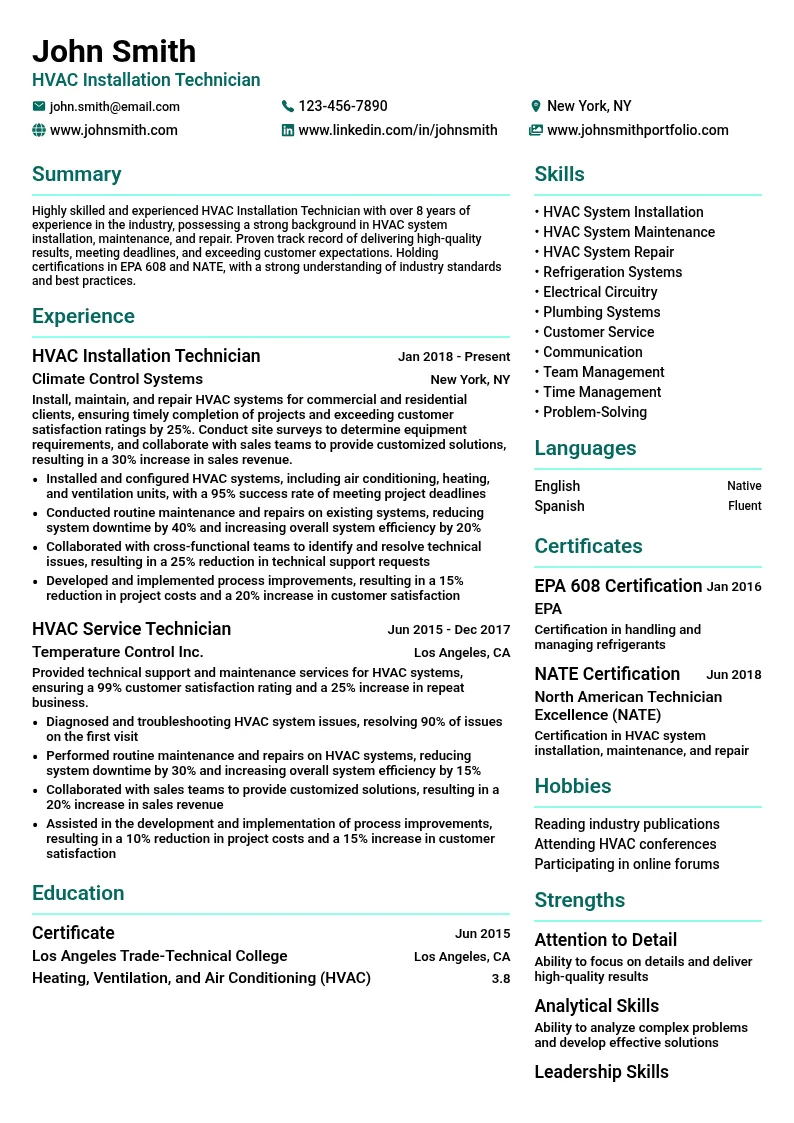 HVAC Installation Technician resume example