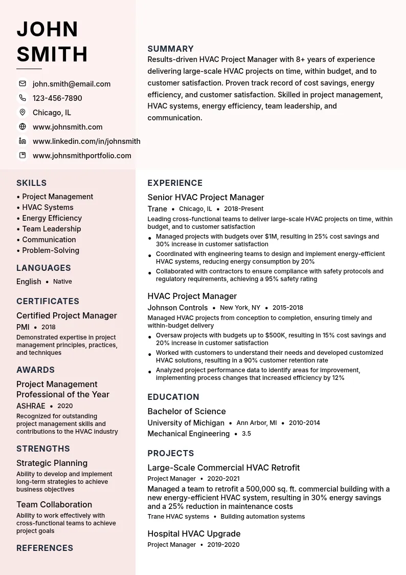 HVAC Project Manager resume example
