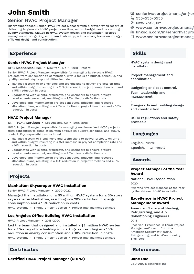 Senior HVAC Project Manager resume example