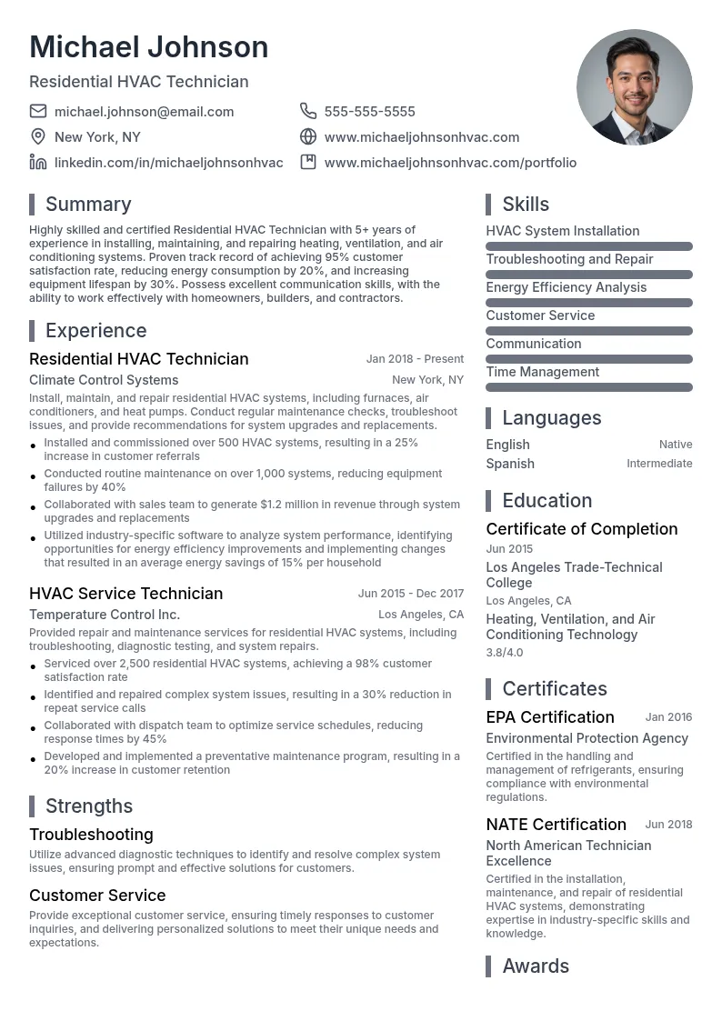 Residential HVAC Technician resume example