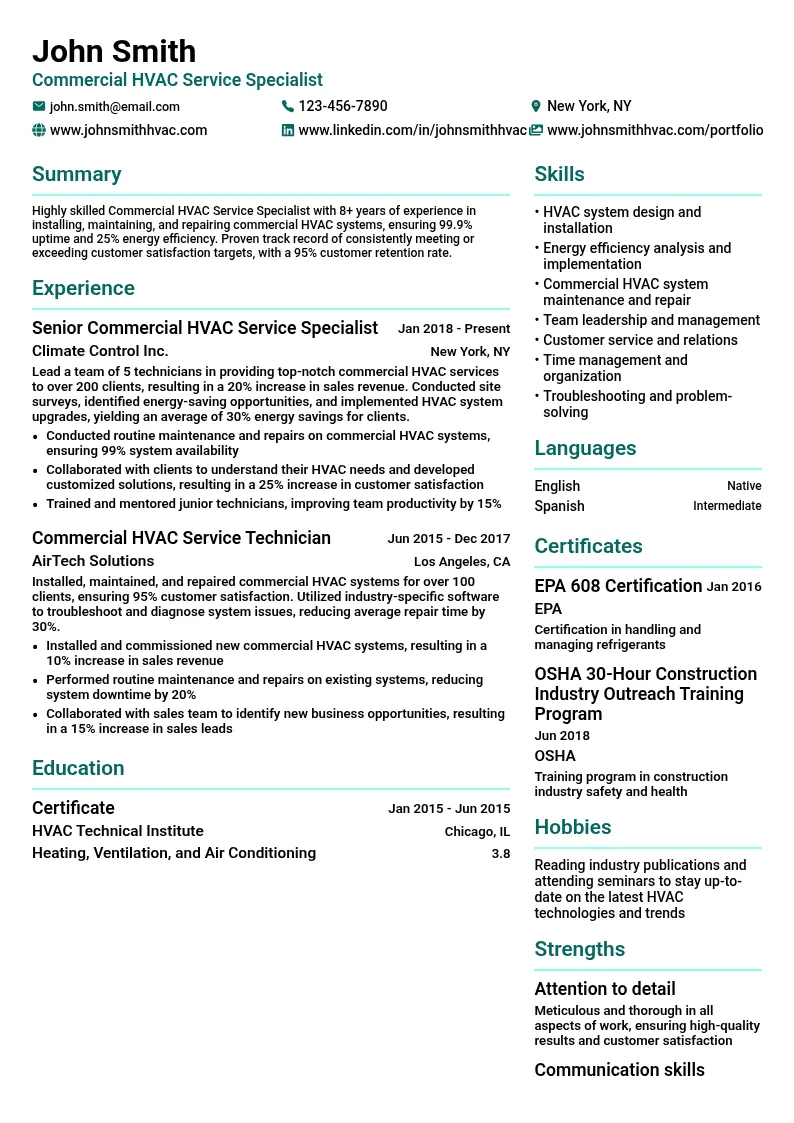 Commercial HVAC Service Specialist resume example