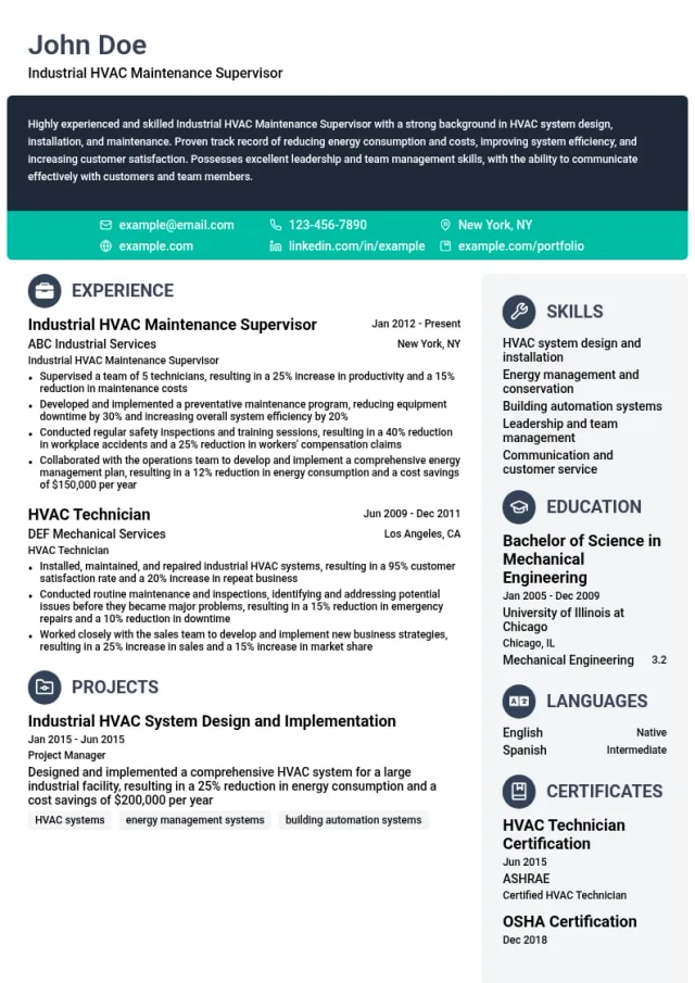 Industrial HVAC Maintenance Supervisor resume example