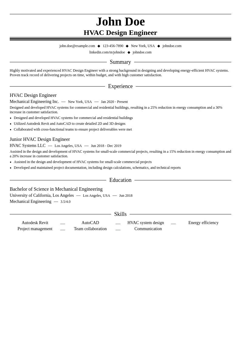 HVAC Design Engineer resume example