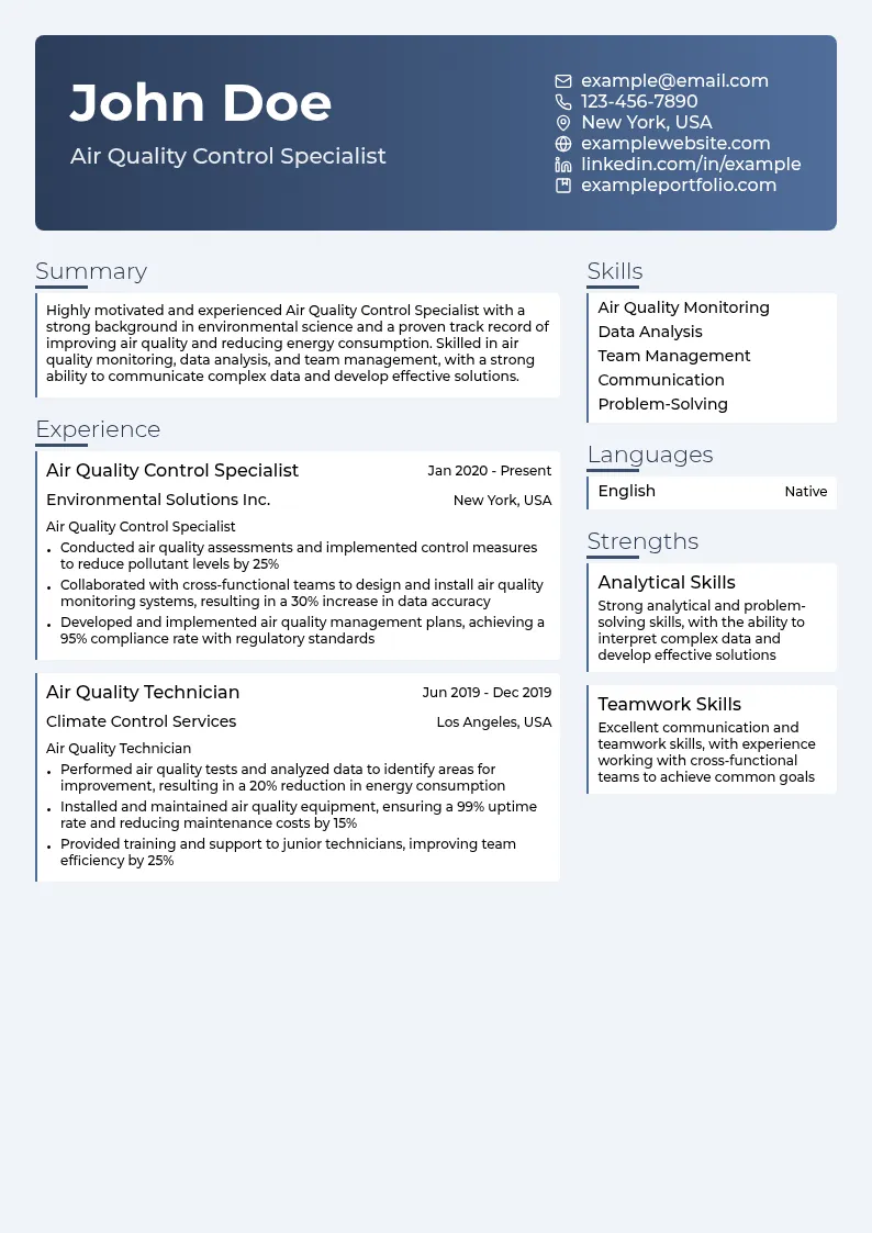 Air Quality Control Specialist resume example