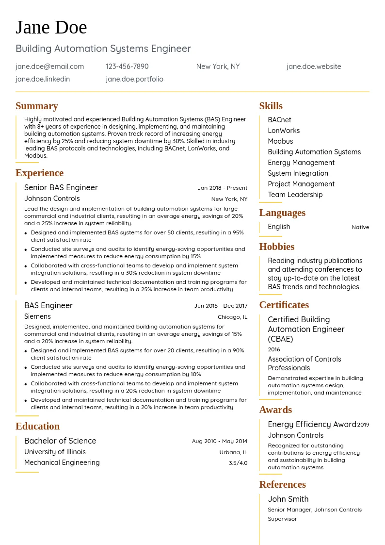 Building Automation Systems (BAS) Engineer resume example