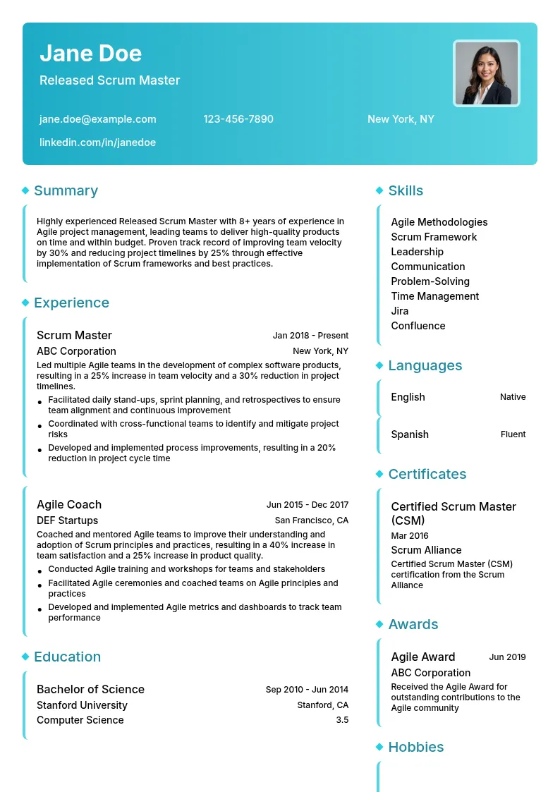 Released Scrum Master resume example