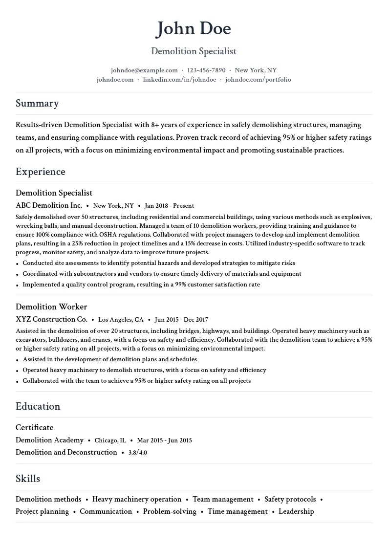 Demolition Specialist resume example