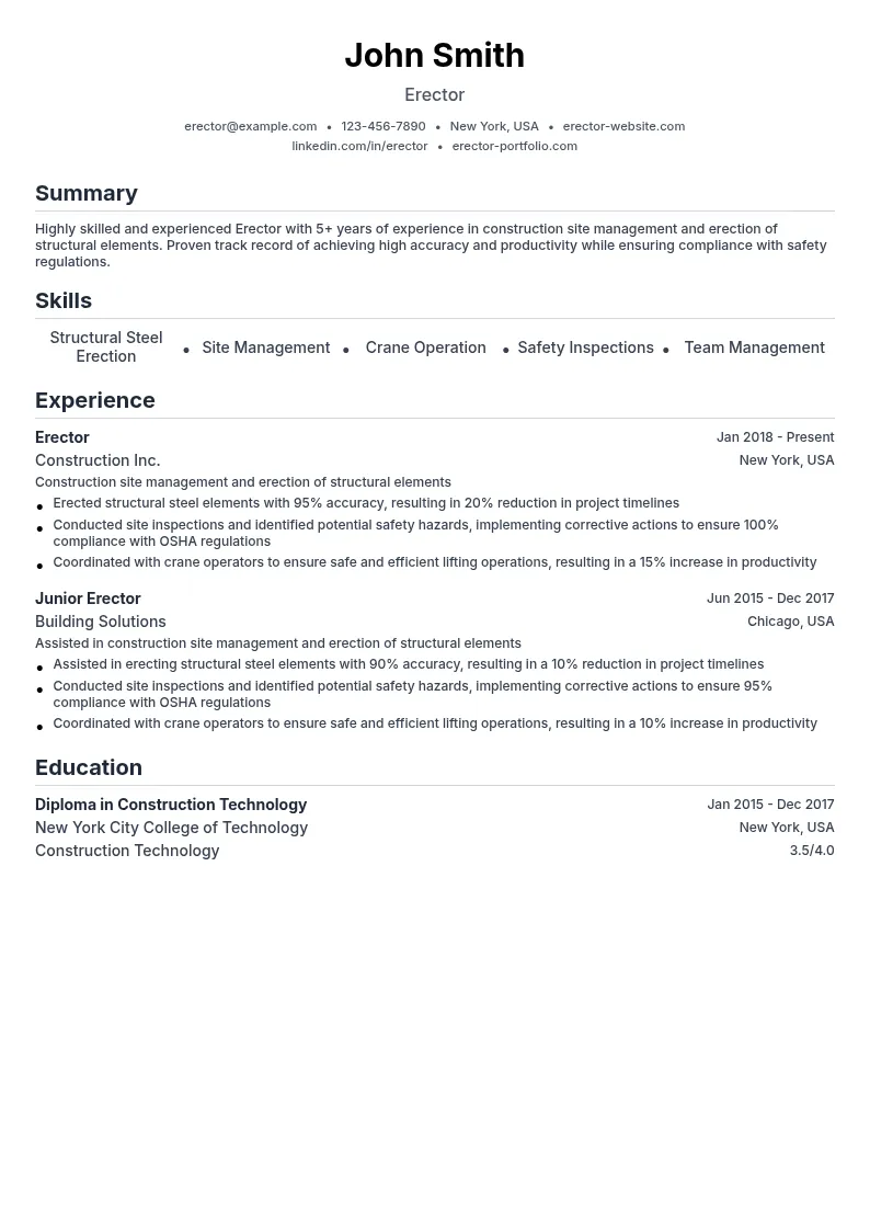 Erector resume example