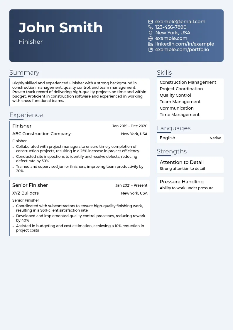 Finisher resume example