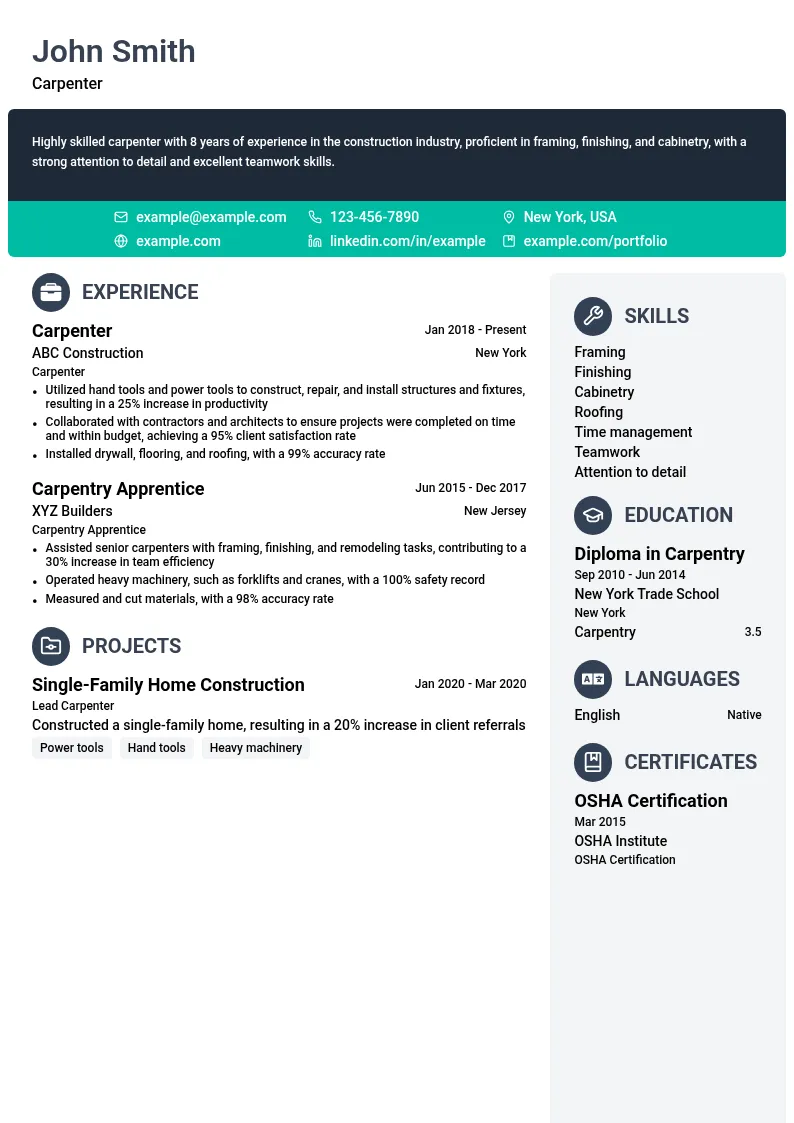Carpenter resume example