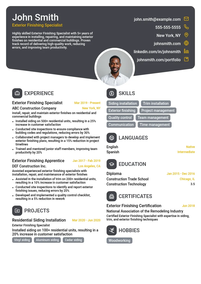 Exterior Finishing Specialist resume example