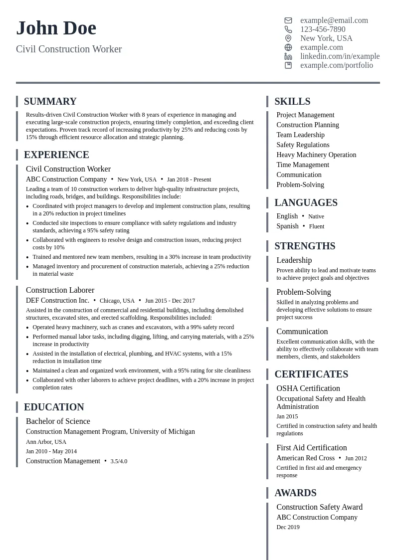 Civil Construction Worker resume example