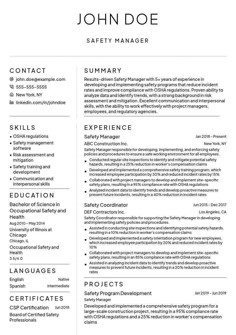 Safety Manager resume example