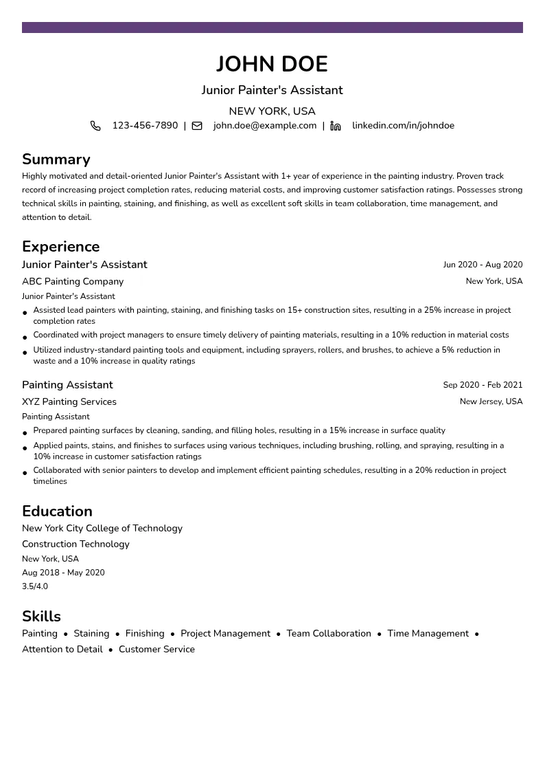 Junior Painter's Assistant resume example