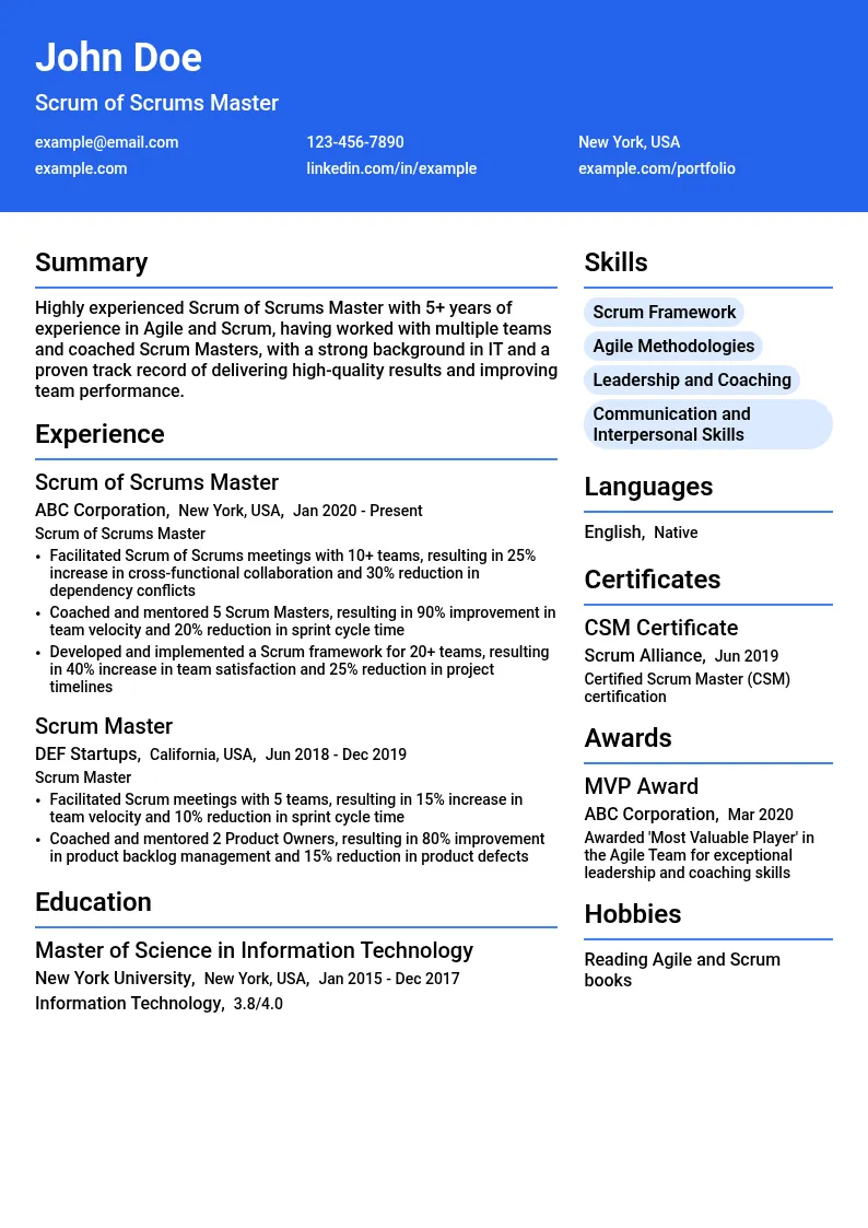 Scrum of Scrums Master resume example