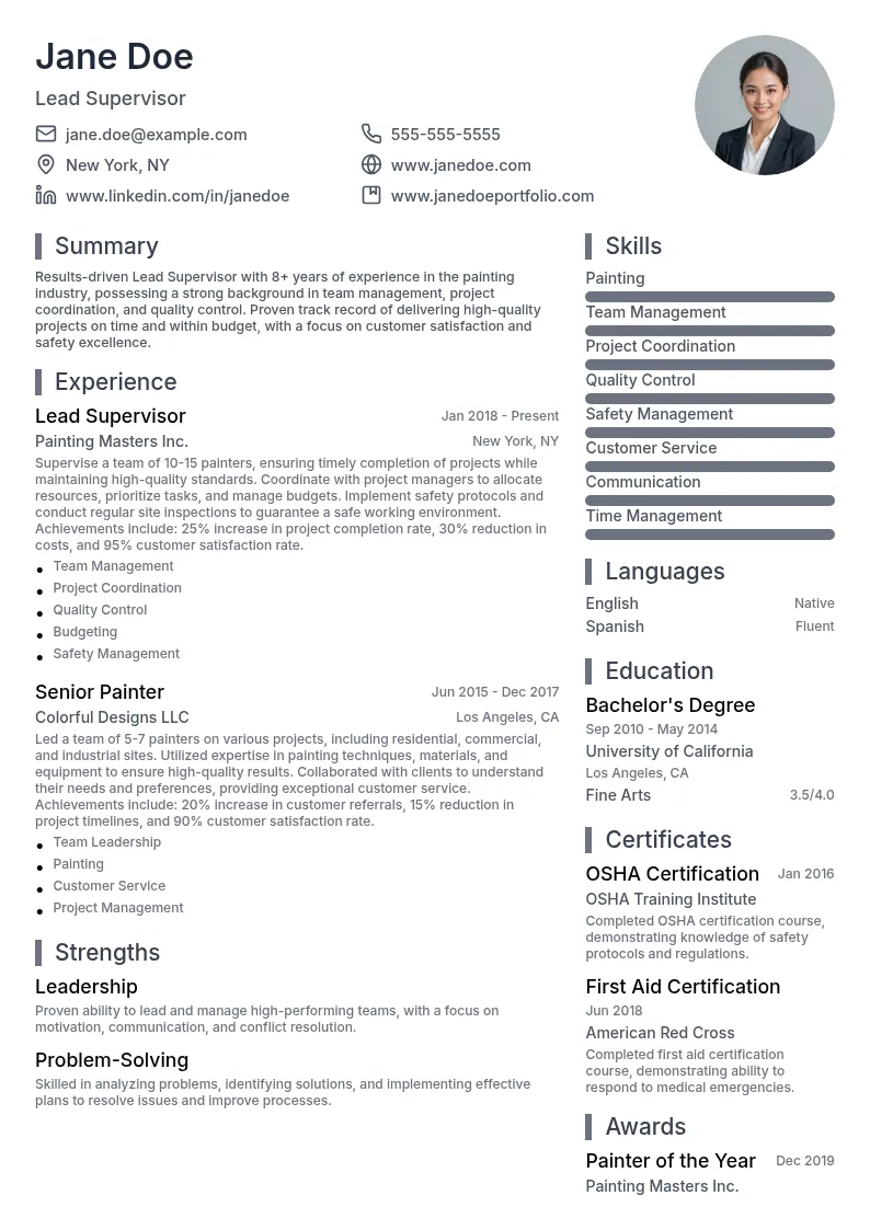 Lead Supervisor resume example