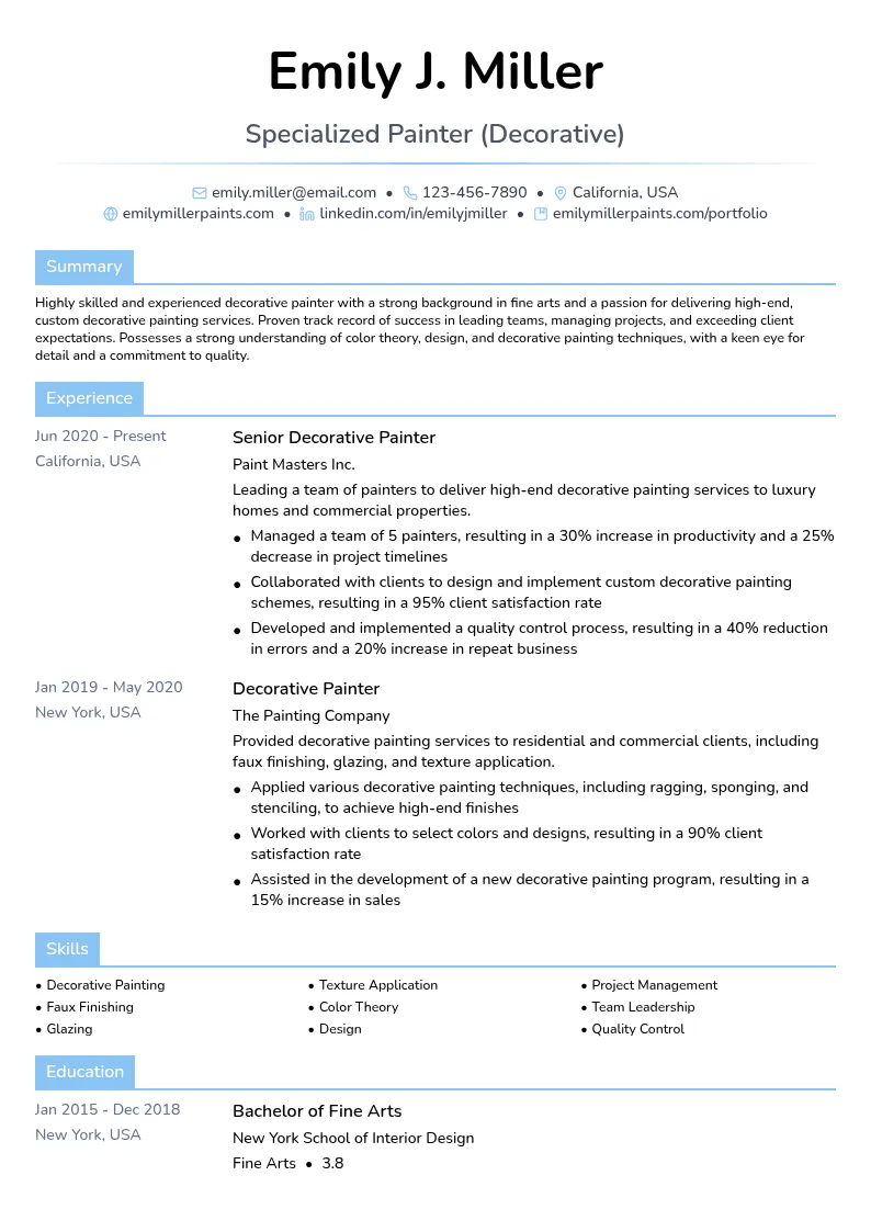 Specialized Painter (Decorative) resume example