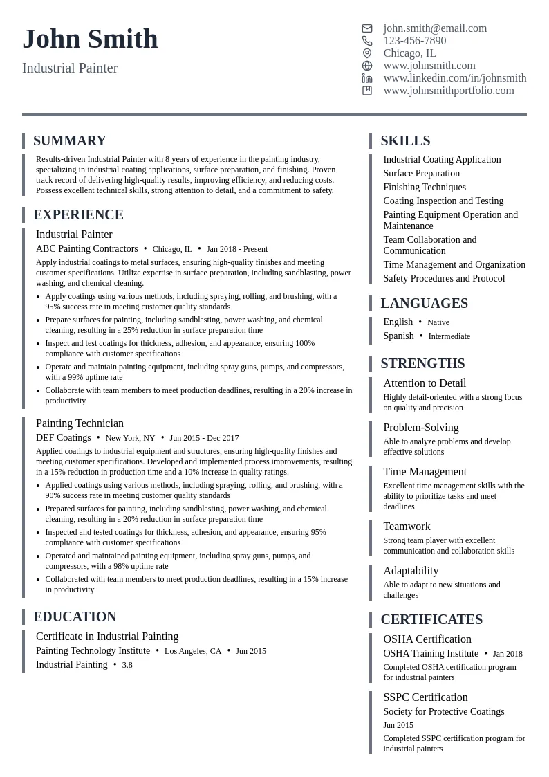 Industrial Painter resume example