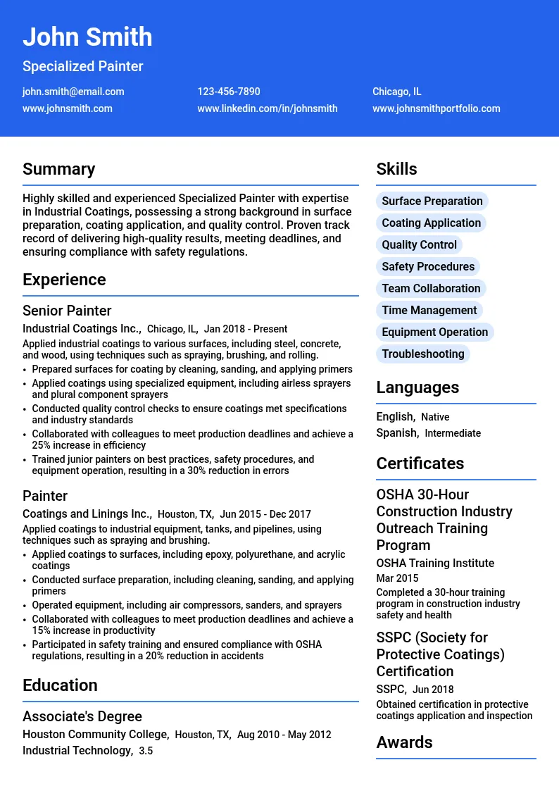 Specialized Painter (Industrial Coatings) resume example