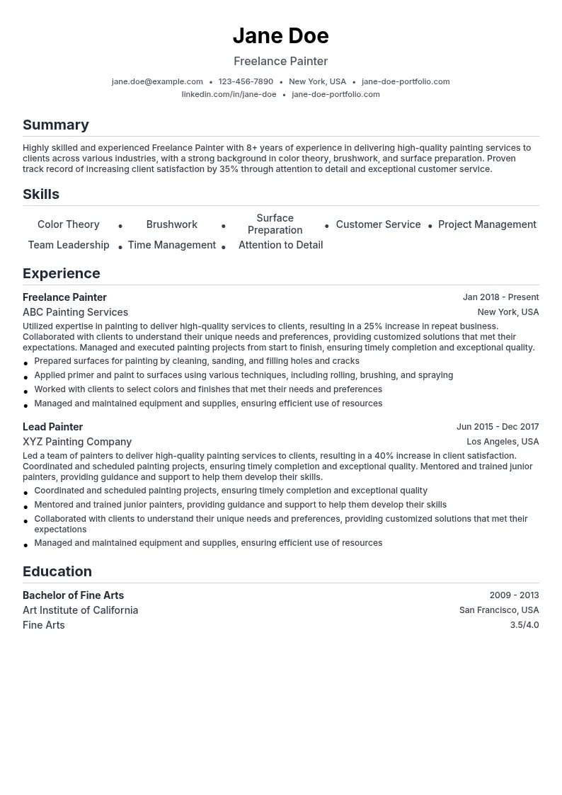 Freelance Painter resume example